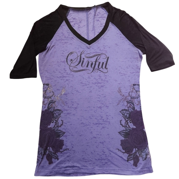 Sinful by Affliction Sz L Purple Metallic Rose Burnout 3/4 Sleeve Top - Picture 1 of 6